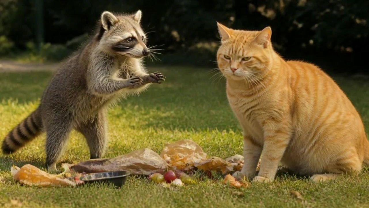The Great Food Heist: Raccoon vs. Grumpy Cat!